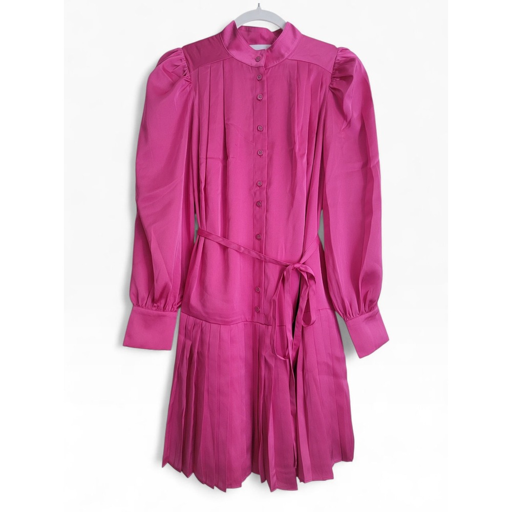 NWT Alden Adair Long Sleeve Pleated Reagen Midi Dress Raspberry Pink XS NEW